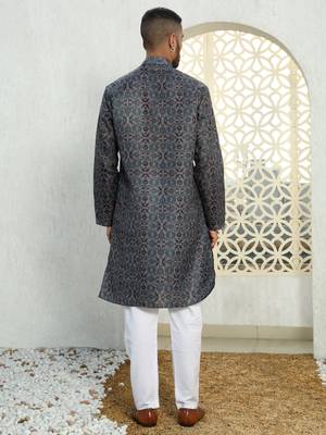 Floral printed blue mandarin collor cotton summer kurta 3