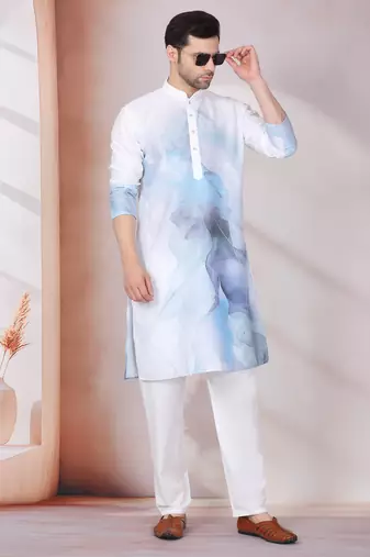 Abstract marble printed blue mandarin collor cotton kurta