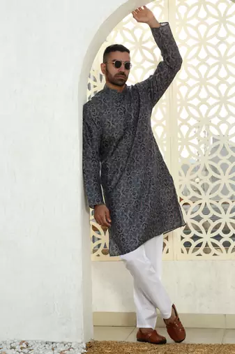 Floral printed blue mandarin collor cotton summer kurta