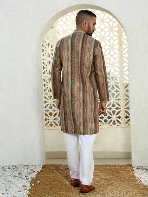 Beige Cotton Printed Kurta for Mens 3