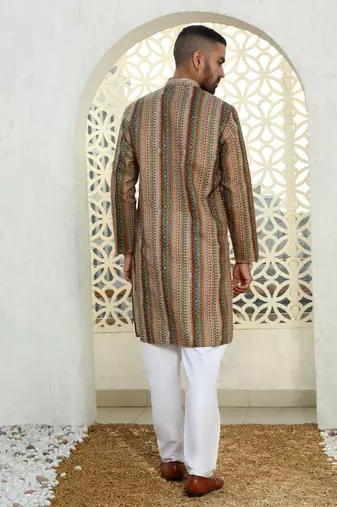 Beige Cotton Printed Kurta for Mens