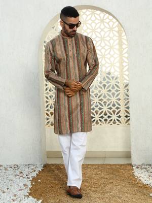 Beige Cotton Printed Kurta for Mens 4