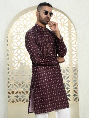 Floral printed wine mandarin collor cotton summer kurta 1