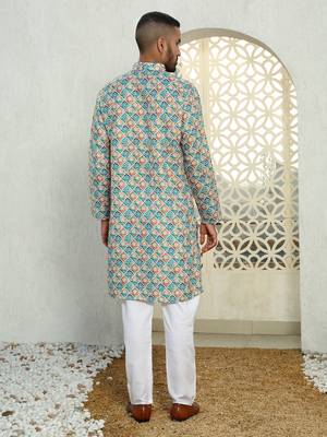 Geometric multi colored mandarin collor cotton summer kurta 4