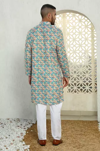 Geometric multi colored mandarin collor cotton summer kurta