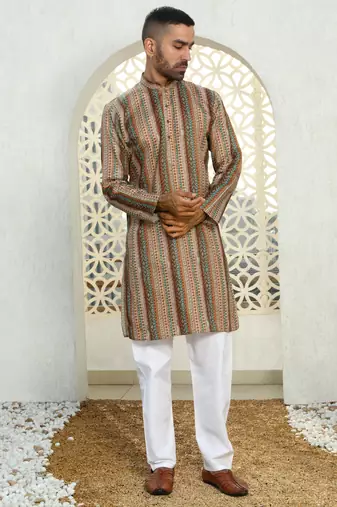 Beige Cotton Printed Kurta for Mens