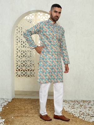 Geometric multi colored mandarin collor cotton summer kurta 5