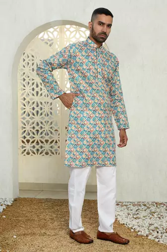 Geometric multi colored mandarin collor cotton summer kurta
