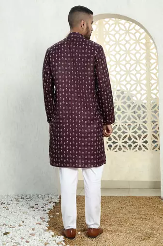 Floral printed wine mandarin collor cotton summer kurta