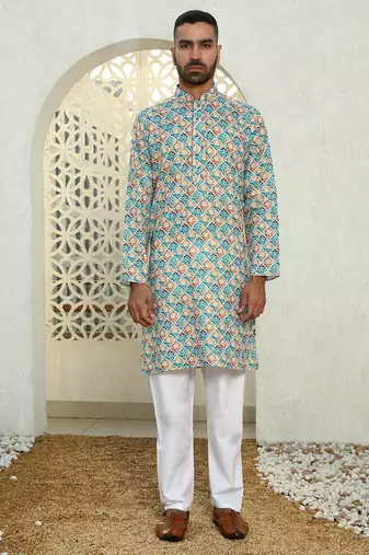 Geometric multi colored mandarin collor cotton summer kurta