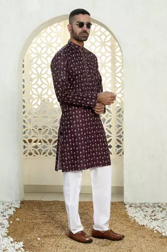 Floral printed wine mandarin collor cotton summer kurta