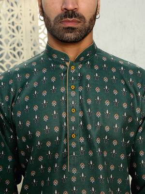 Floral printed dark green mandarin collor cotton summer kurta 2