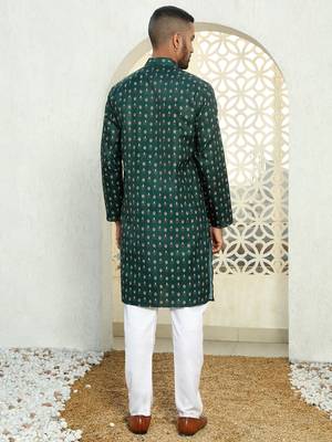 Floral printed dark green mandarin collor cotton summer kurta 3