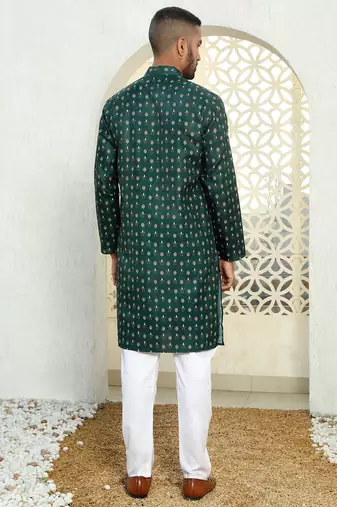 Floral printed dark green mandarin collor cotton summer kurta