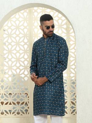Floral printed blue mandarin collor cotton summer kurta 1