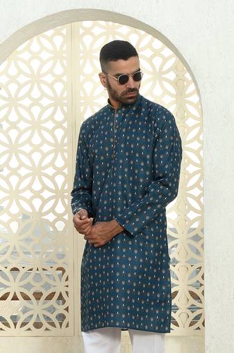 Floral printed blue mandarin collor cotton summer kurta