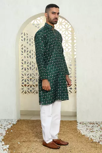 Floral printed dark green mandarin collor cotton summer kurta