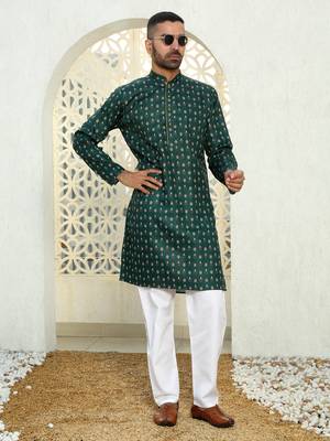 Floral printed dark green mandarin collor cotton summer kurta 5