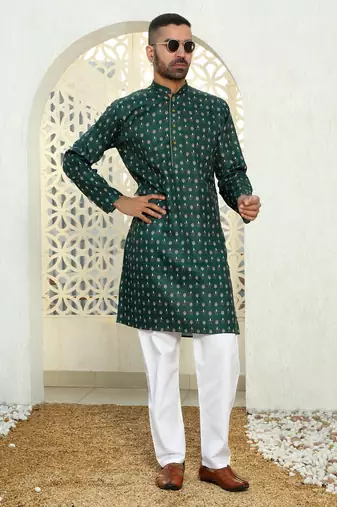 Floral printed dark green mandarin collor cotton summer kurta