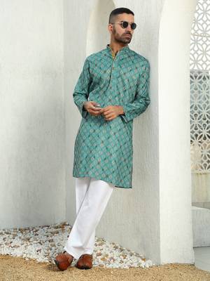 Floral printed green mandarin collor cotton summer kurta 1