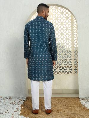 Floral printed blue mandarin collor cotton summer kurta 3