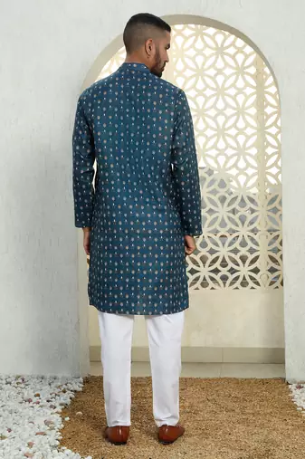 Floral printed blue mandarin collor cotton summer kurta