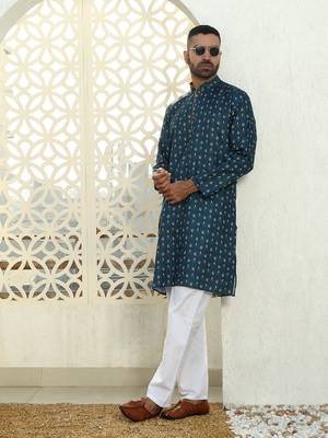 Floral printed blue mandarin collor cotton summer kurta 4