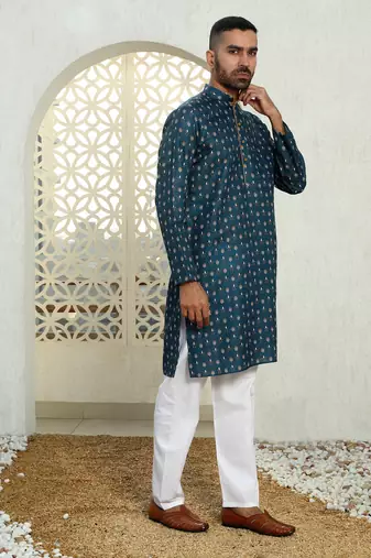 Floral printed blue mandarin collor cotton summer kurta