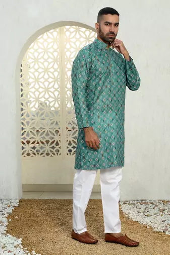Floral printed green mandarin collor cotton summer kurta