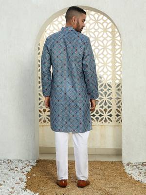 Floral printed blue mandarin collor cotton summer kurta 3