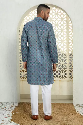 Floral printed blue mandarin collor cotton summer kurta