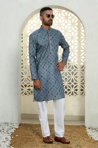 Floral printed blue mandarin collor cotton summer kurta