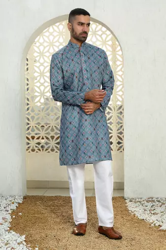 Floral printed blue mandarin collor cotton summer kurta