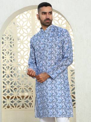 Leaf printed blue mandarin collor cotton summer kurta 1