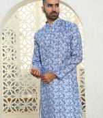 Leaf printed blue mandarin collor cotton summer kurta