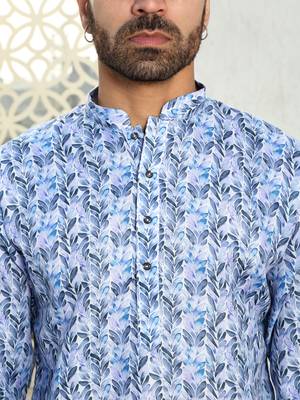 Leaf printed blue mandarin collor cotton summer kurta 2