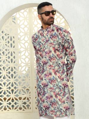 Leaf printed purple mandarin collor cotton summer kurta 1
