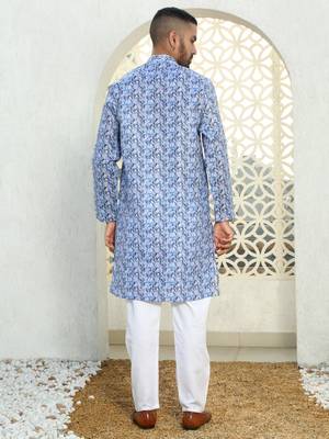 Leaf printed blue mandarin collor cotton summer kurta 3
