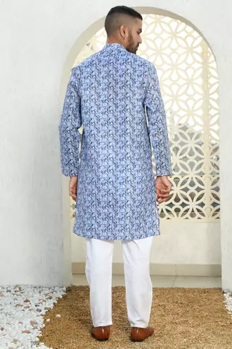 Leaf printed blue mandarin collor cotton summer kurta