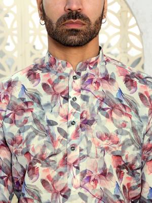 Leaf printed purple mandarin collor cotton summer kurta 2