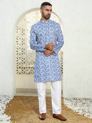 Leaf printed blue mandarin collor cotton summer kurta 4