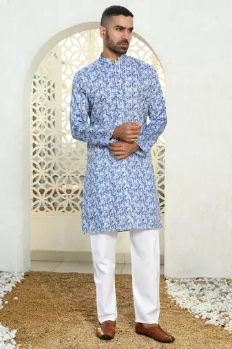Leaf printed blue mandarin collor cotton summer kurta