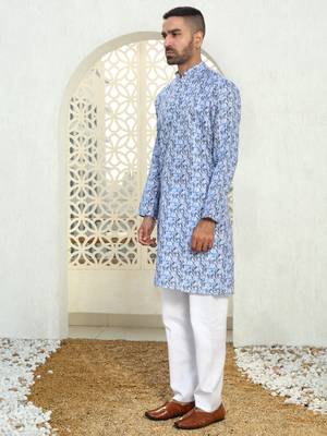 Leaf printed blue mandarin collor cotton summer kurta 5