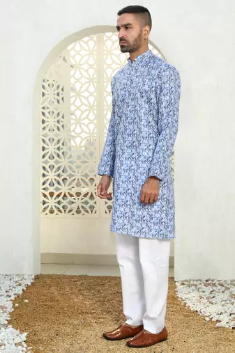 Leaf printed blue mandarin collor cotton summer kurta