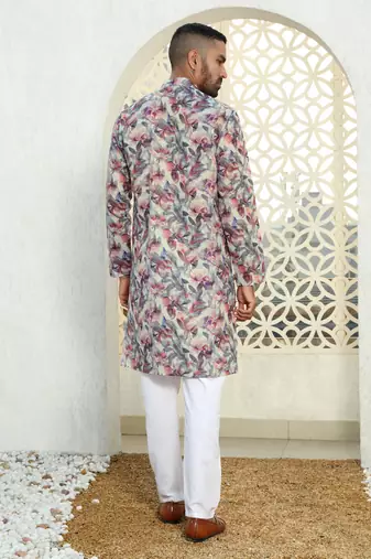 Leaf printed purple mandarin collor cotton summer kurta