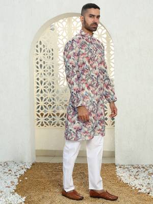 Leaf printed purple mandarin collor cotton summer kurta 4
