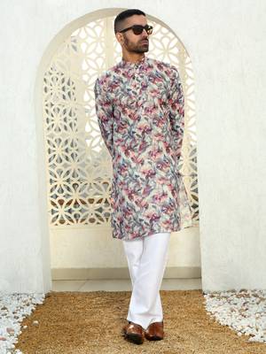 Leaf printed purple mandarin collor cotton summer kurta 5