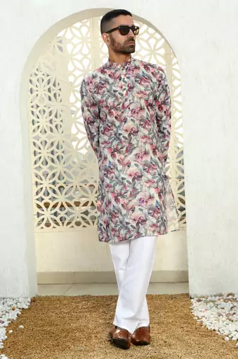 Leaf printed purple mandarin collor cotton summer kurta