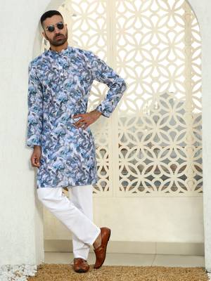 Leaf printed blue mandarin collor cotton summer kurta 1