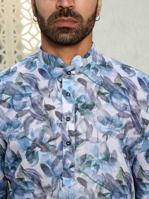 Leaf printed blue mandarin collor cotton summer kurta 3